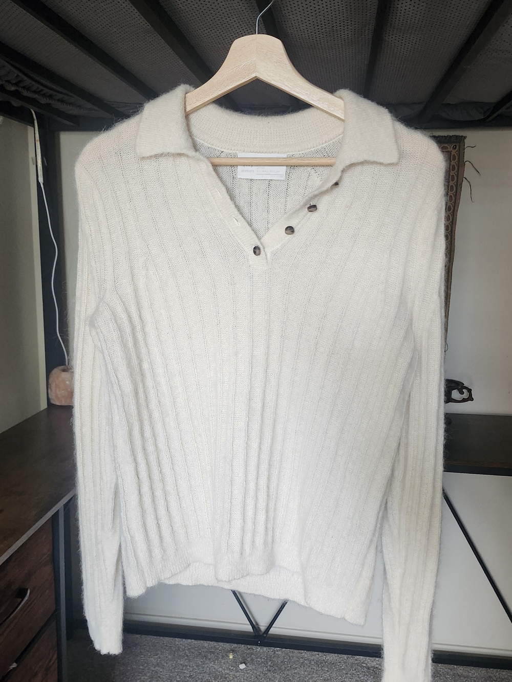 rag & bone Cream Ribbed Polo V-Neck Sweater
